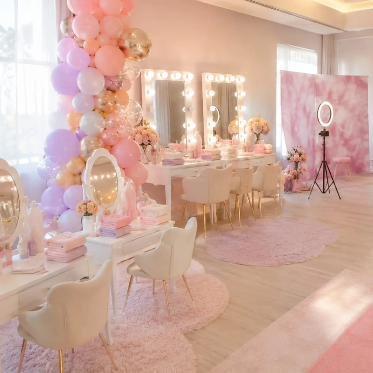 Montaje conceptual Lumina Studio con estaciones de transformación, fotografía y pasarela